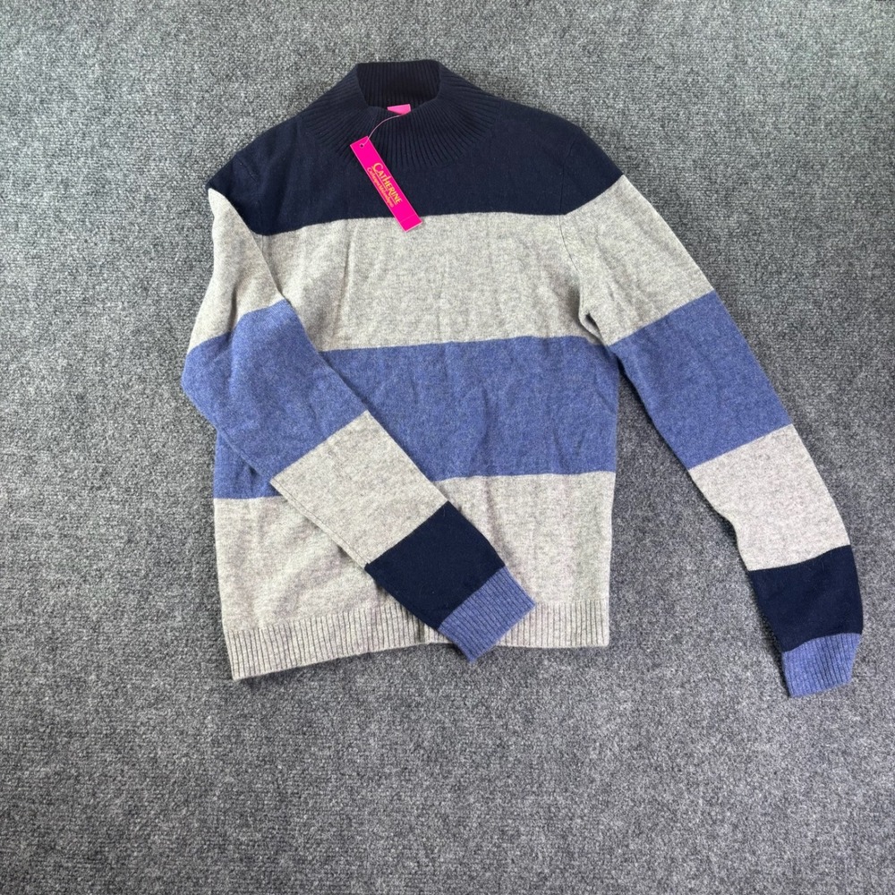 Catherine Malandrino Sweater Womens Medium Blue Striped Cashmere Mock Neck NEW